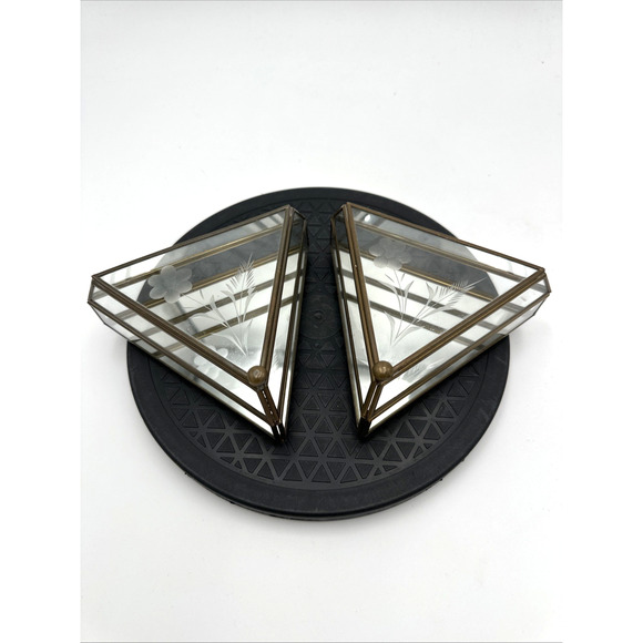 Pair Of Vintage Triangle Brass & Etched Flower Glass Trinket Triangle Box